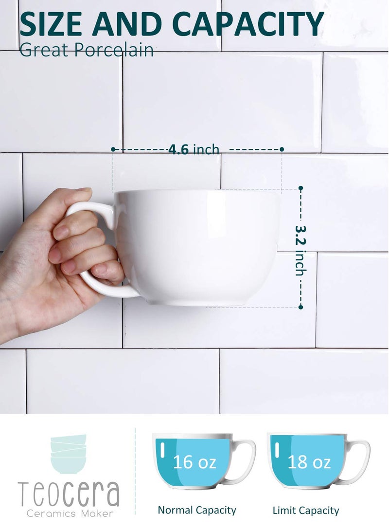 Teocera 16oz Large Coffee Mugs Set of 4 - Thick White Porcelain Cups for Cappuccino, Latte, Tea & Hot Chocolate - Dishwasher Safe Ceramic with Comfort Grip Handles - Image 4